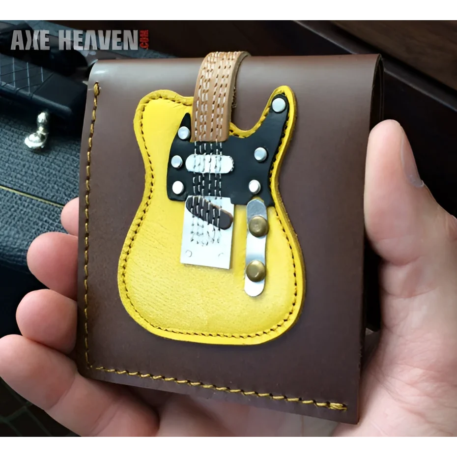 Classic blonde electric guitar wallet in genuine leather, brown with yellow black accents