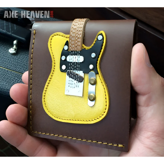 Classic blonde electric guitar wallet in genuine leather, brown with yellow black accents