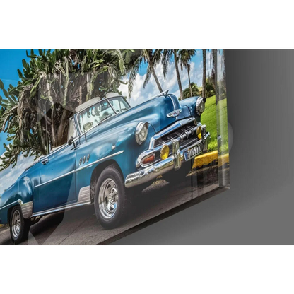 Blue vintage convertible glass wall art print with chrome accents