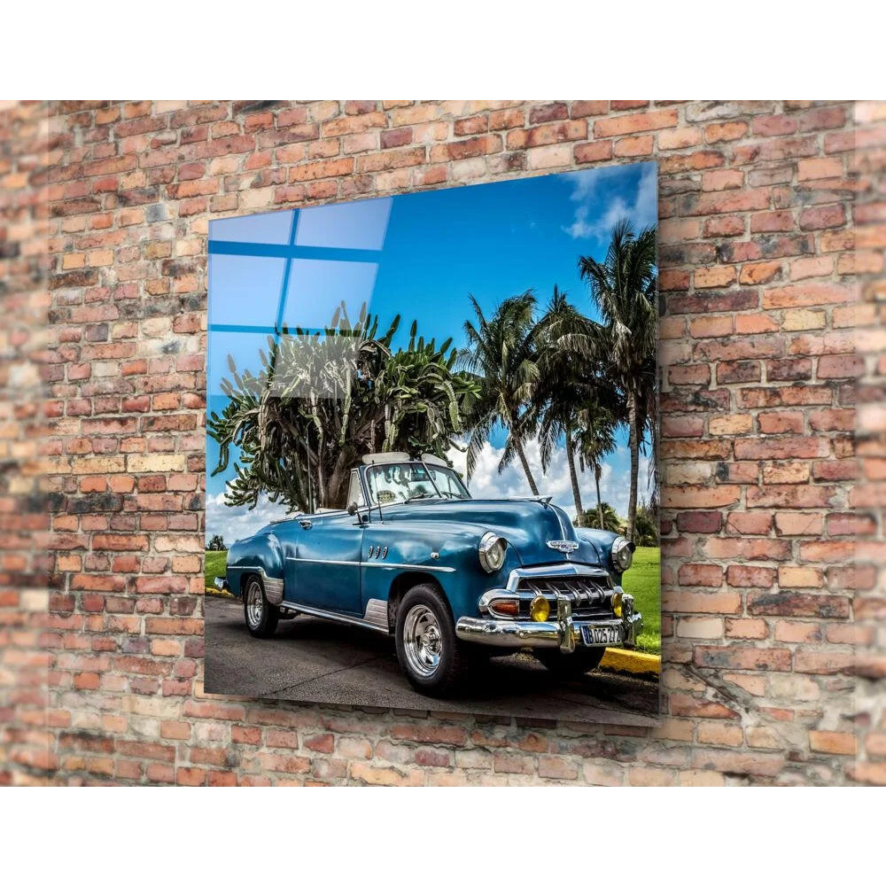 Blue vintage convertible car on glass wall art print