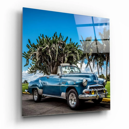 Blue vintage convertible glass wall art with chrome accents