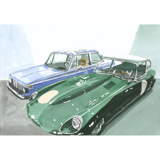 1960s green Jaguar E-Type with chrome grille and side mirror art print