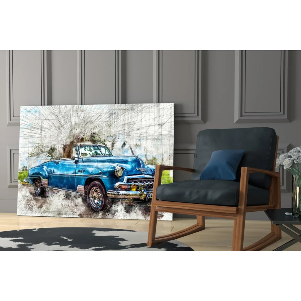 Vibrant blue vintage convertible watercolor canvas wall art