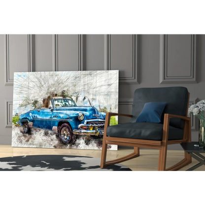 Vibrant blue vintage convertible watercolor canvas wall art