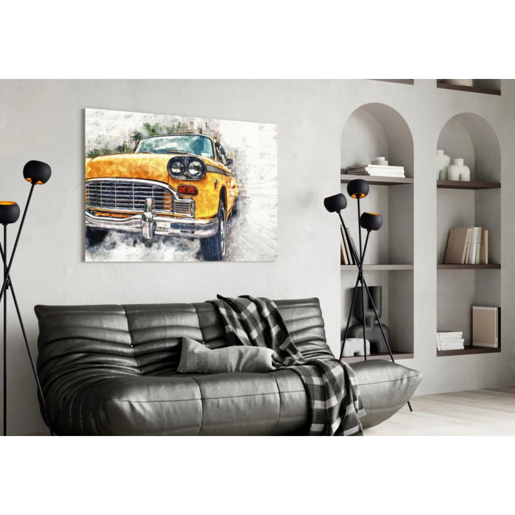 Vibrant yellow vintage taxi watercolor canvas wall art