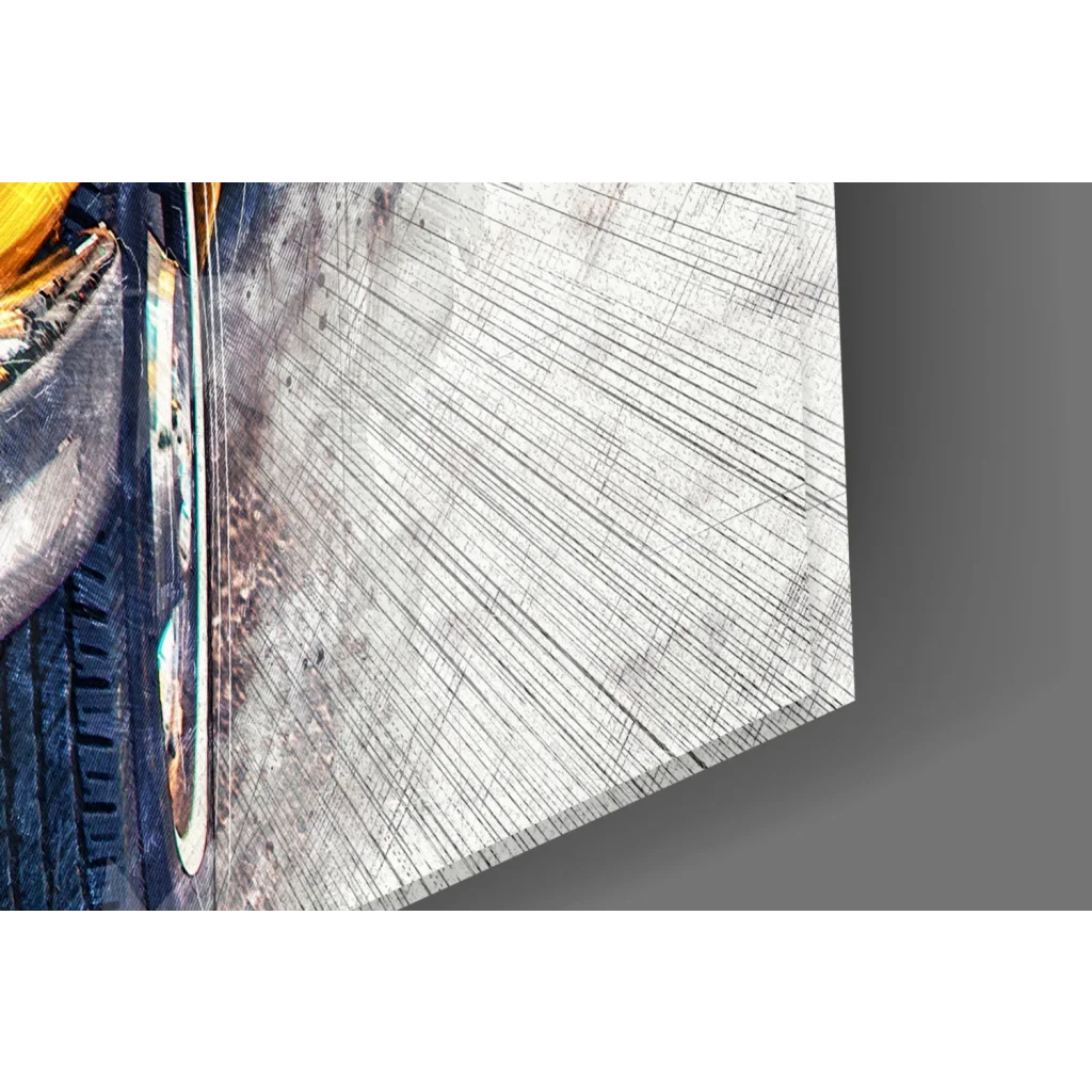 Vintage yellow taxi tire wheel wall art on distressed gray canvas