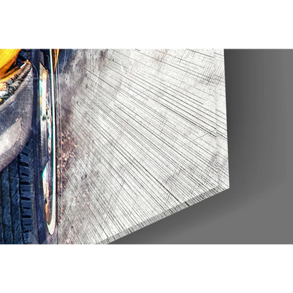 Vintage yellow taxi tire wheel wall art on distressed gray canvas