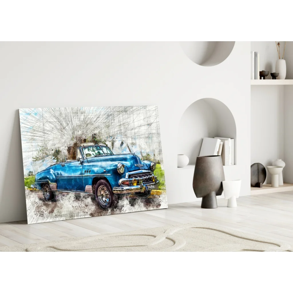 Vintage Blue Convertible Watercolor Canvas Wall Art | Modern Wall Art Decor | vintageantiquesgifts.com