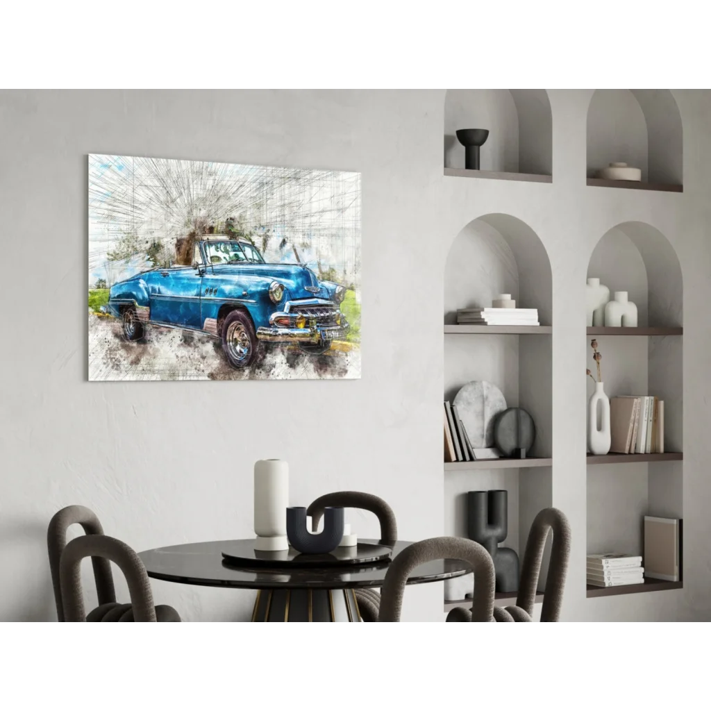 Vintage blue convertible watercolor canvas wall art on wall