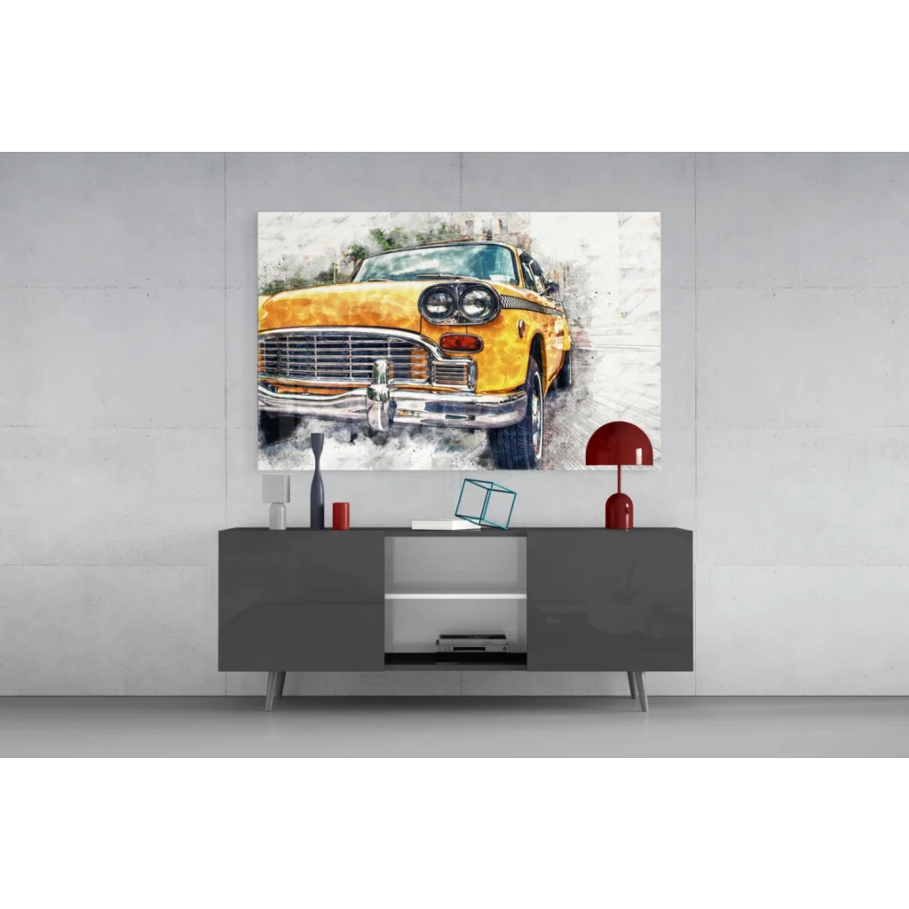 Vibrant yellow vintage taxi watercolor canvas wall art print
