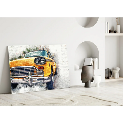 Vibrant yellow vintage taxi watercolor wall art on canvas