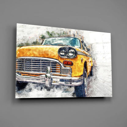Vibrant yellow vintage taxi watercolor canvas wall art