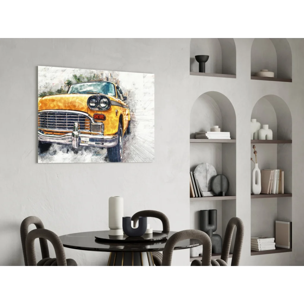 Vibrant yellow vintage taxi watercolor wall art canvas print