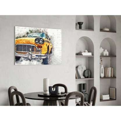 Vibrant yellow vintage taxi watercolor wall art canvas print