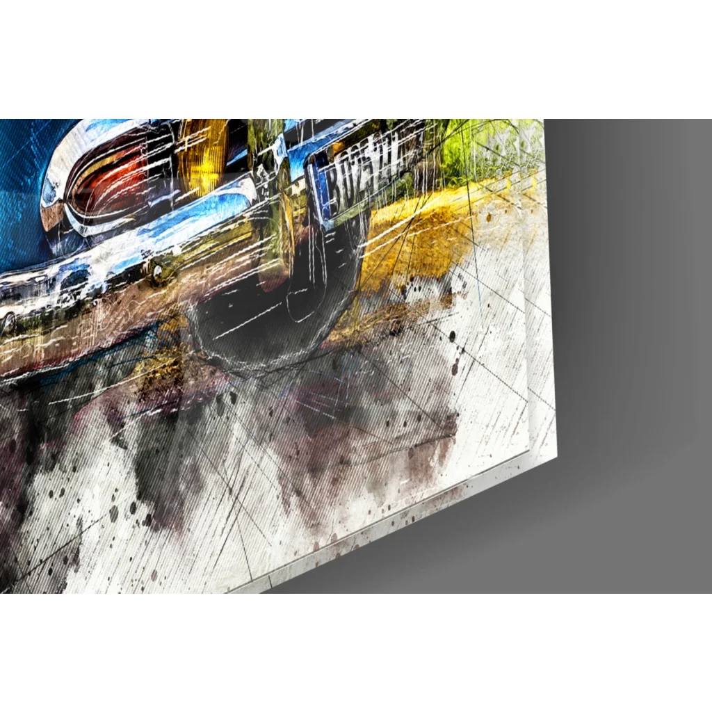 Vibrant watercolor wall art of vintage blue convertible with chrome accents