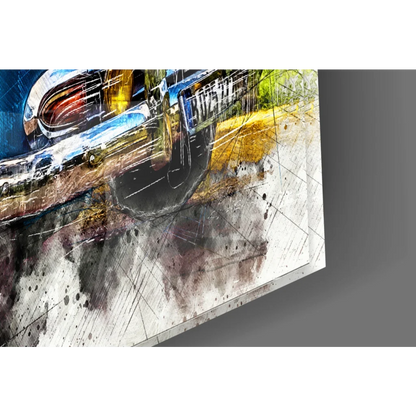 Vibrant watercolor wall art of vintage blue convertible with chrome accents