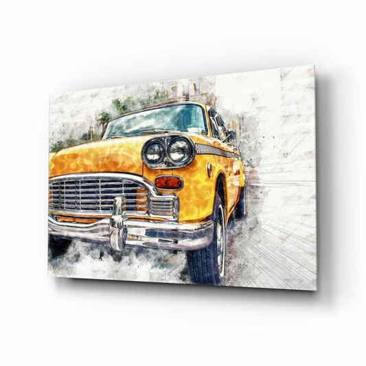 Vibrant yellow vintage taxi watercolor canvas wall art