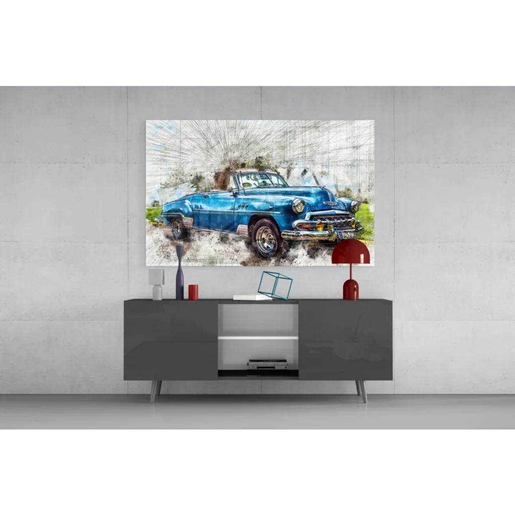 Vibrant blue vintage convertible watercolor wall art canvas