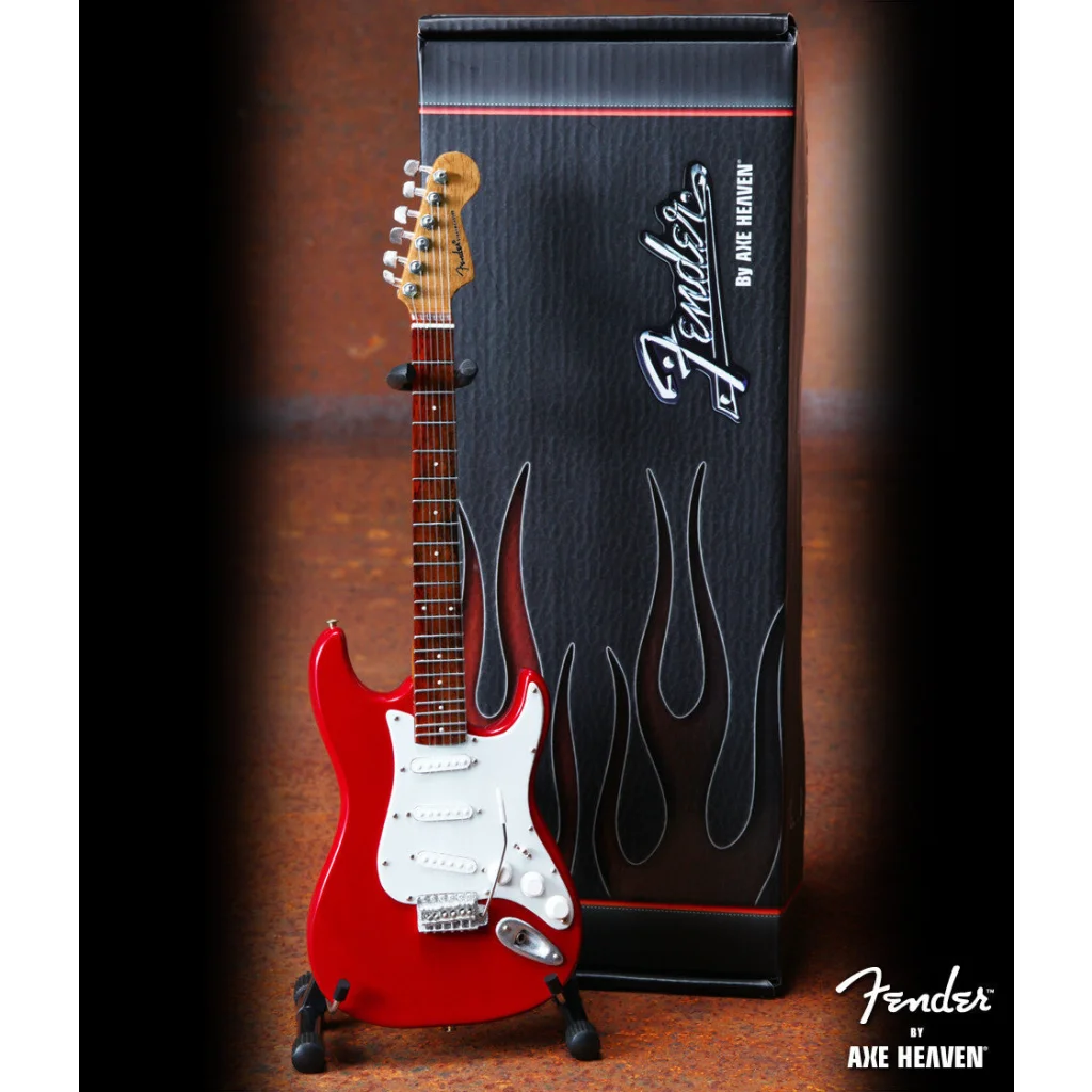 Red Fender Stratocaster Mini Guitar with Flame Design in Axe Heaven Case Gift