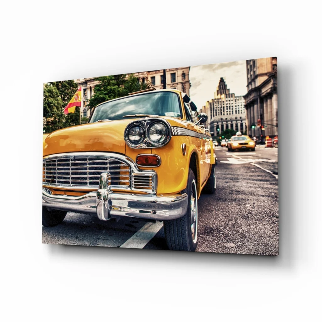 Vibrant yellow vintage taxi cab wall art print with chrome accents