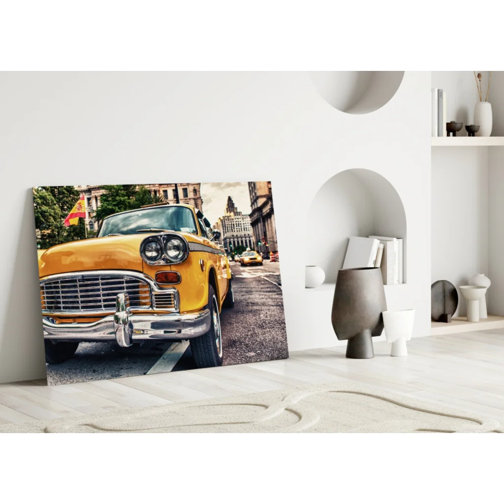 Vibrant yellow vintage taxi cab on modern canvas wall art print