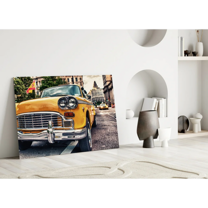 Vibrant yellow vintage taxi cab on modern canvas wall art print