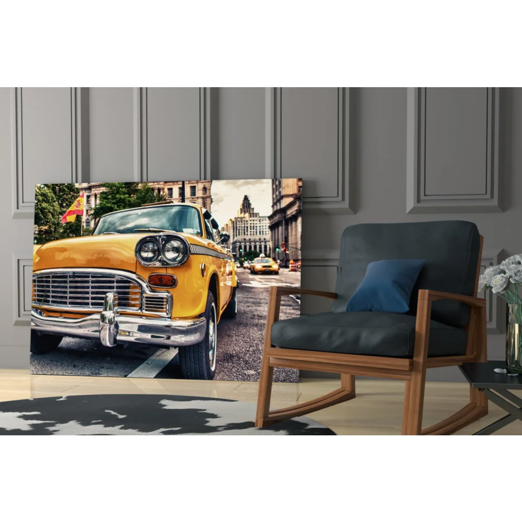 Vibrant yellow vintage taxi cab canvas wall art print