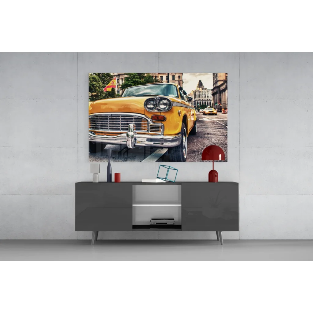 Vibrant yellow vintage taxi cab wall art print on gray console