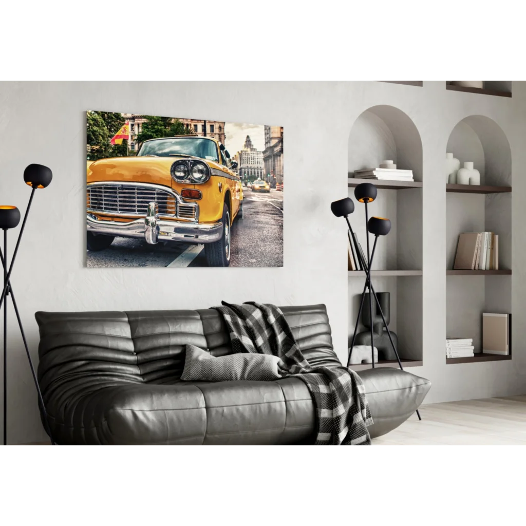Vibrant yellow vintage taxi cab canvas wall art print