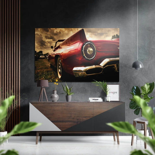 Red vintage convertible car on brushed aluminium dibond print
