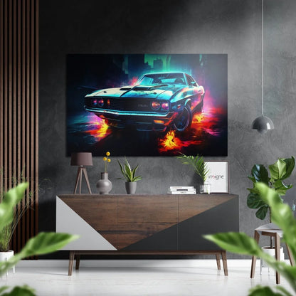 Vibrant neon-blue and fiery orange muscle car on brushed aluminium dibond print