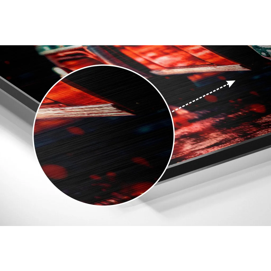 Vibrant red and black abstract art on brushed aluminium dibond panel