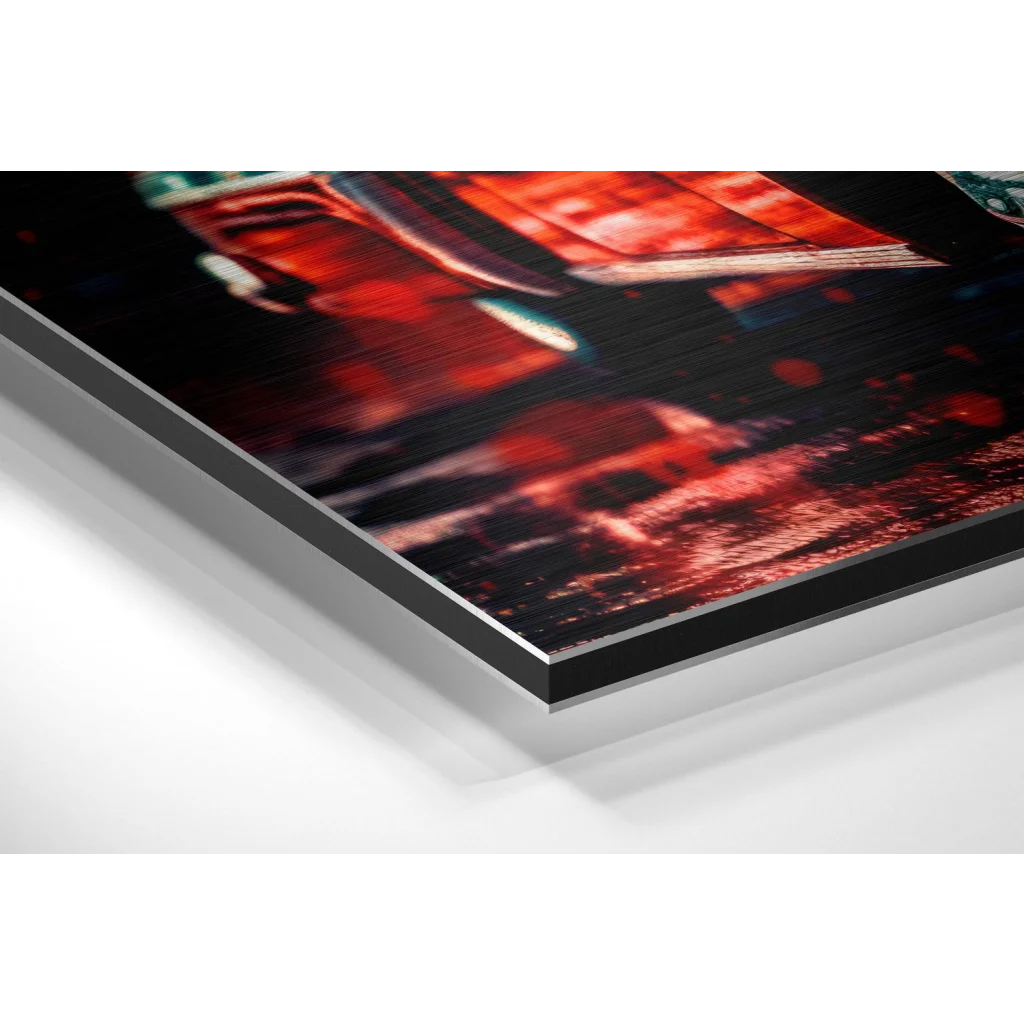 Vibrant red abstract art on brushed aluminium dibond panel