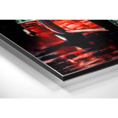 Vibrant red abstract art on brushed aluminium dibond panel