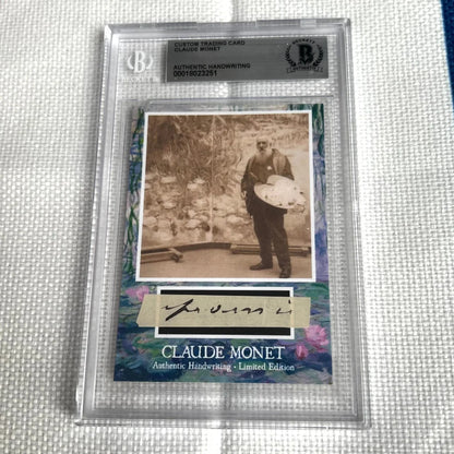 Claude Monet trading card with authentic handwriting from the first ever release shown in dropdown menu