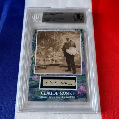 Beckett-certified claude monet authentic handwriting trading card with sepia photo and impressionist water lily background