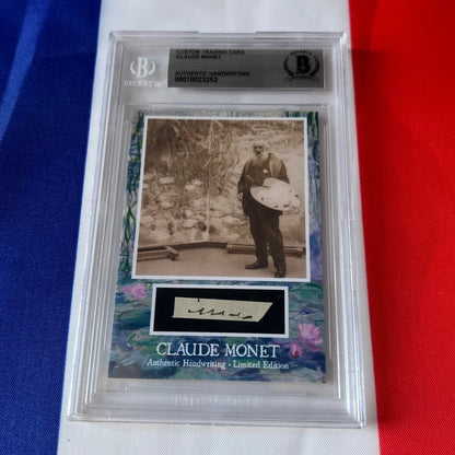 A framed custom trading card featuring claude monet authentic handwritten signature with sepia photo and watercolor borders