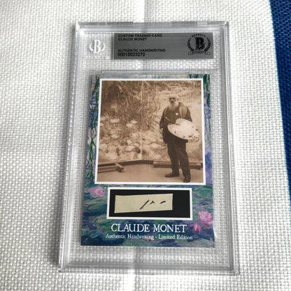Claude Monet trading card with his photo and handwriting, perfect for dropdown menu collections