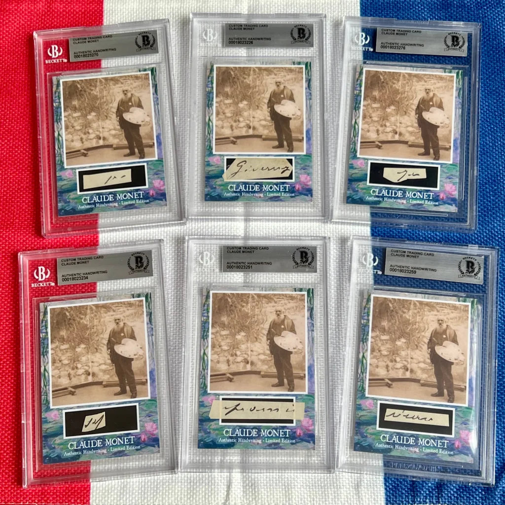 Six graded Claude Monet trading cards from the first ever Claude Monet handwriting release in dropdown menu style