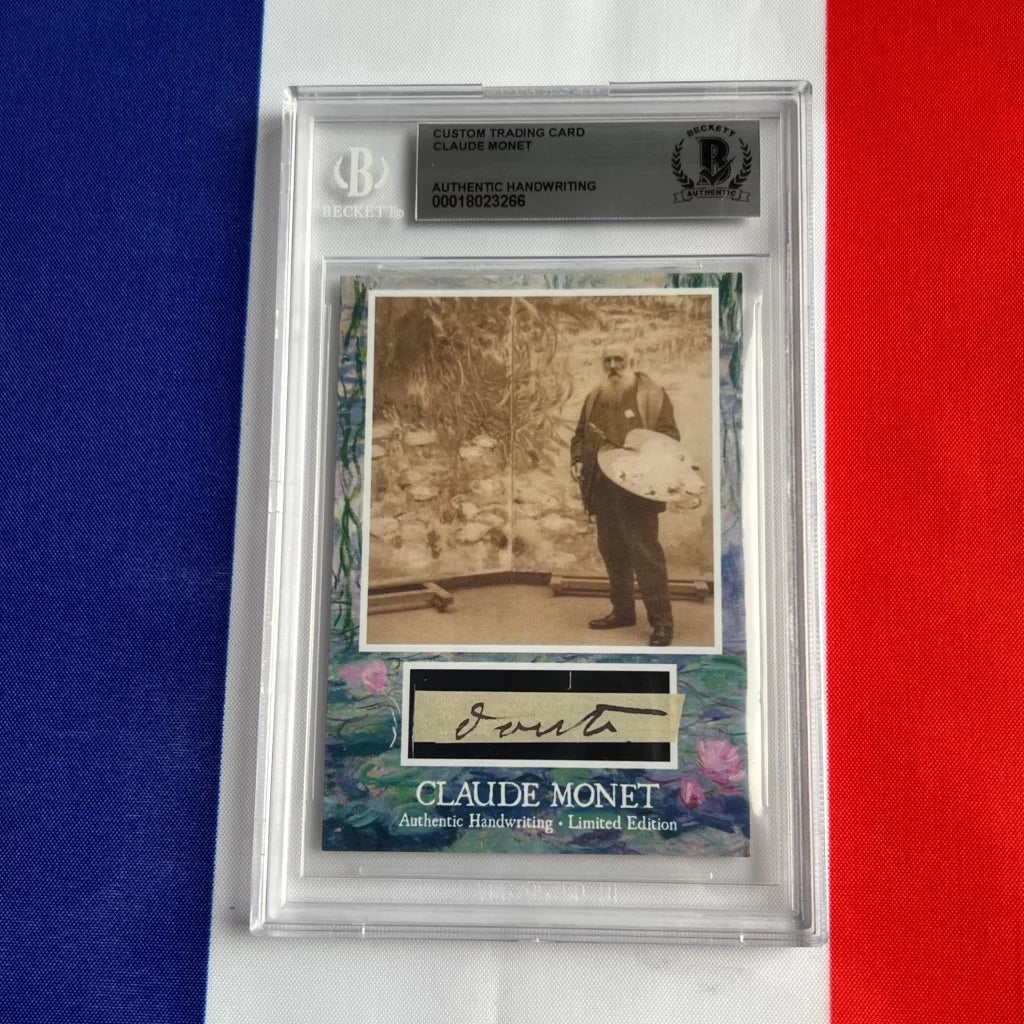 Claude Monet authentic handwriting trading card, 1920s-style with B&W photo in plastic