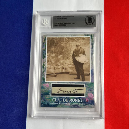 Claude Monet authentic handwriting trading card, 1920s-style with B&W photo in plastic
