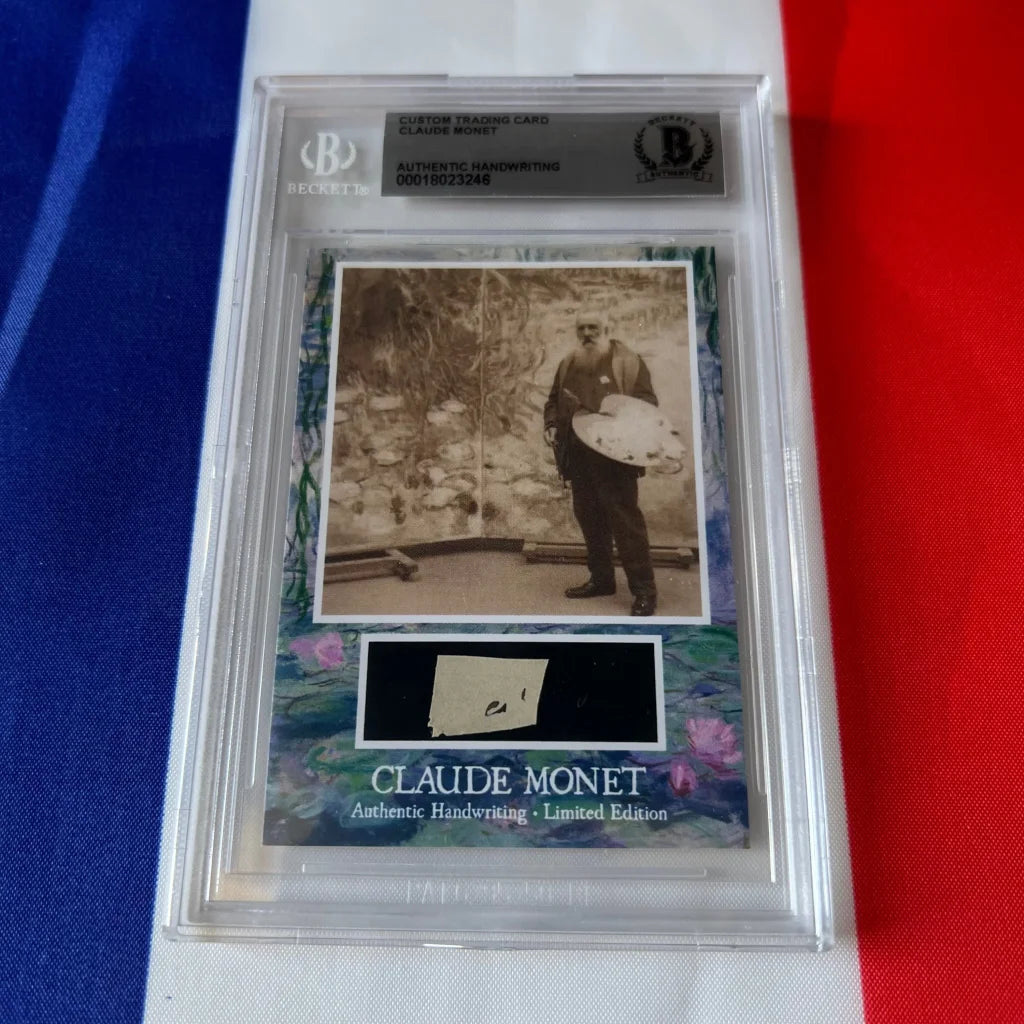 A custom claude monet authentic trading card with his handwriting encased in a clear protective slab