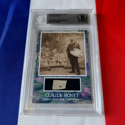 A custom claude monet authentic trading card with his handwriting encased in a clear protective slab