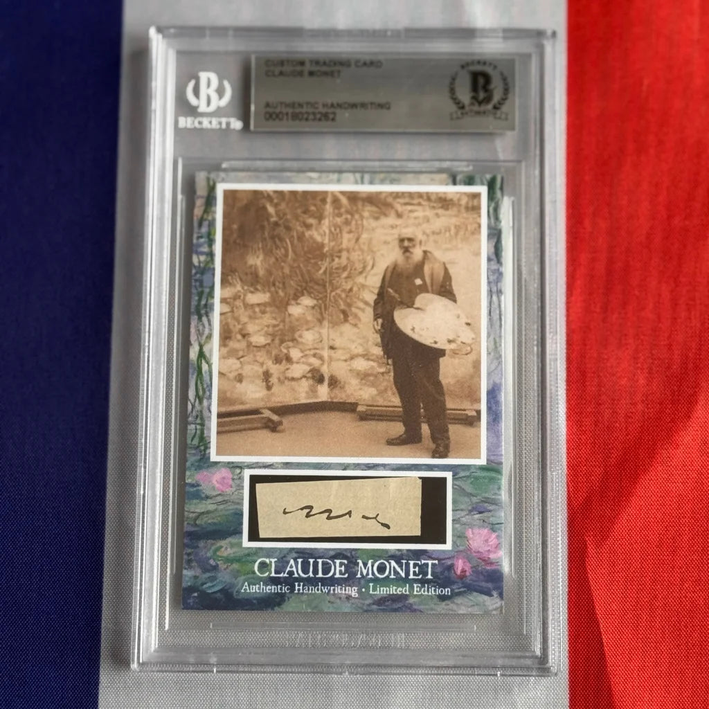 Beckett-graded claude monet authentic handwriting trading card featuring monet holding a palette with water lily backdrop