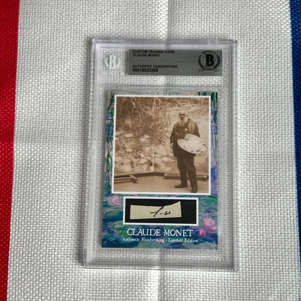 Custom Claude Monet trading card with authentic handwriting swatch, perfect for dropdown menu fans