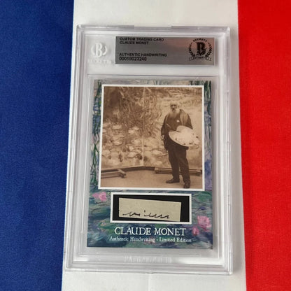 1920s black and white photo of Claude Monet in authentic handwriting trading card