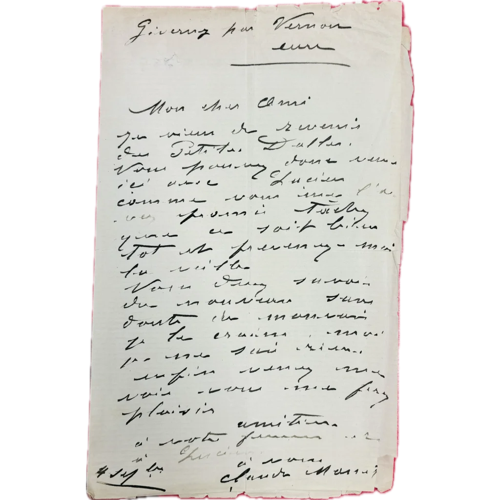 Aged paper with handwritten letter from Claude Monet in the first trading cards release