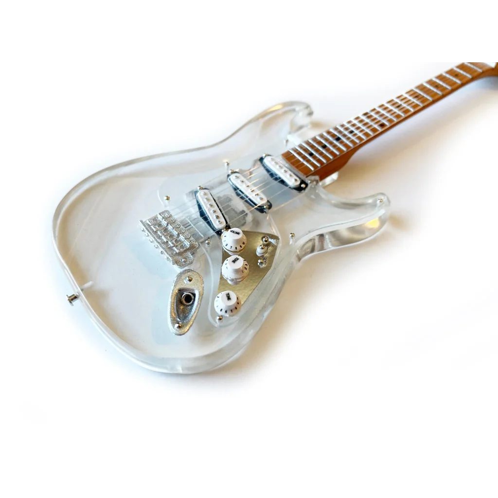 Clear Axe Heaven mini guitar with adjustable A-frame stand
