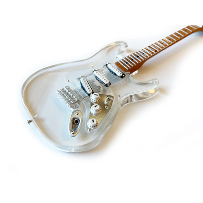 Clear Axe Heaven mini guitar with adjustable A-frame stand
