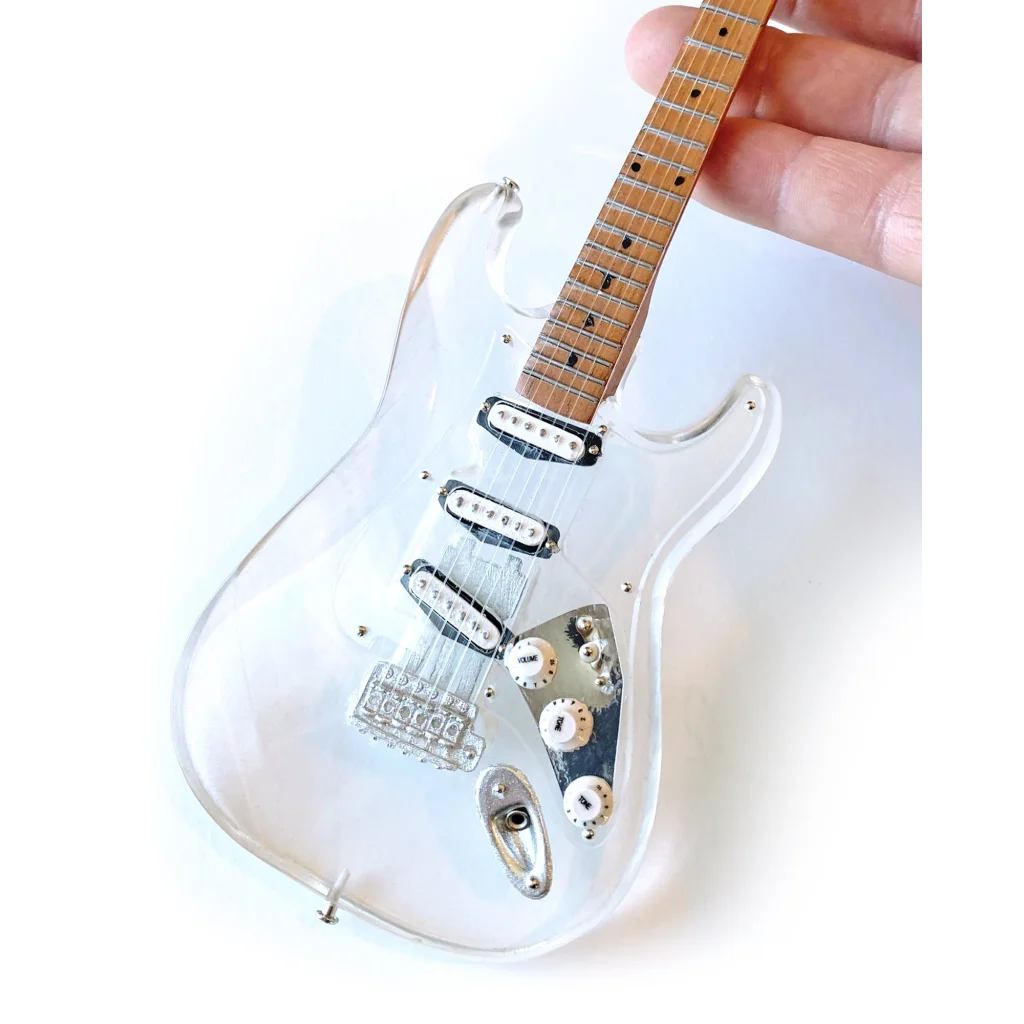 Clear Axe Heaven mini guitar with stand, acrylic Fender Strat